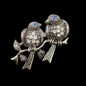 Vintage Brooch Silver Tone Love Birds with Rhinestones